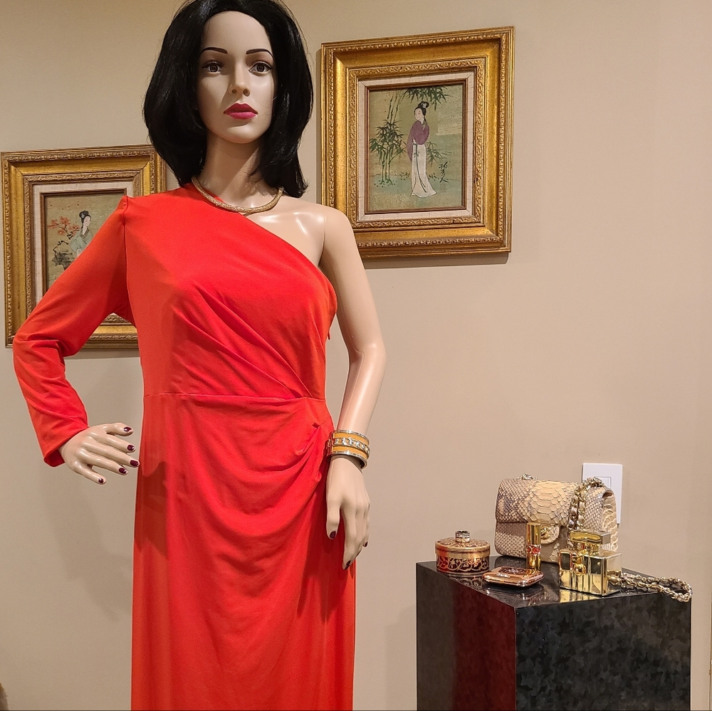 HALSTON PAYTON ONE-SHOULDER RUCHED STRETCH-JERSEY MIDI DRESS SIZE 10 NWT